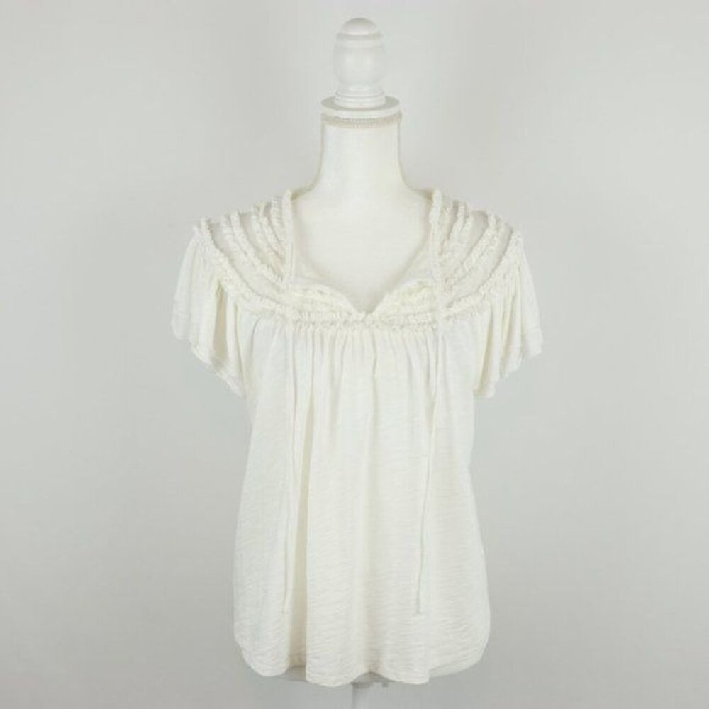 Goldie Women's Medium White Pima Cotton Split Neck Ruffled Short Sleeve Blouse